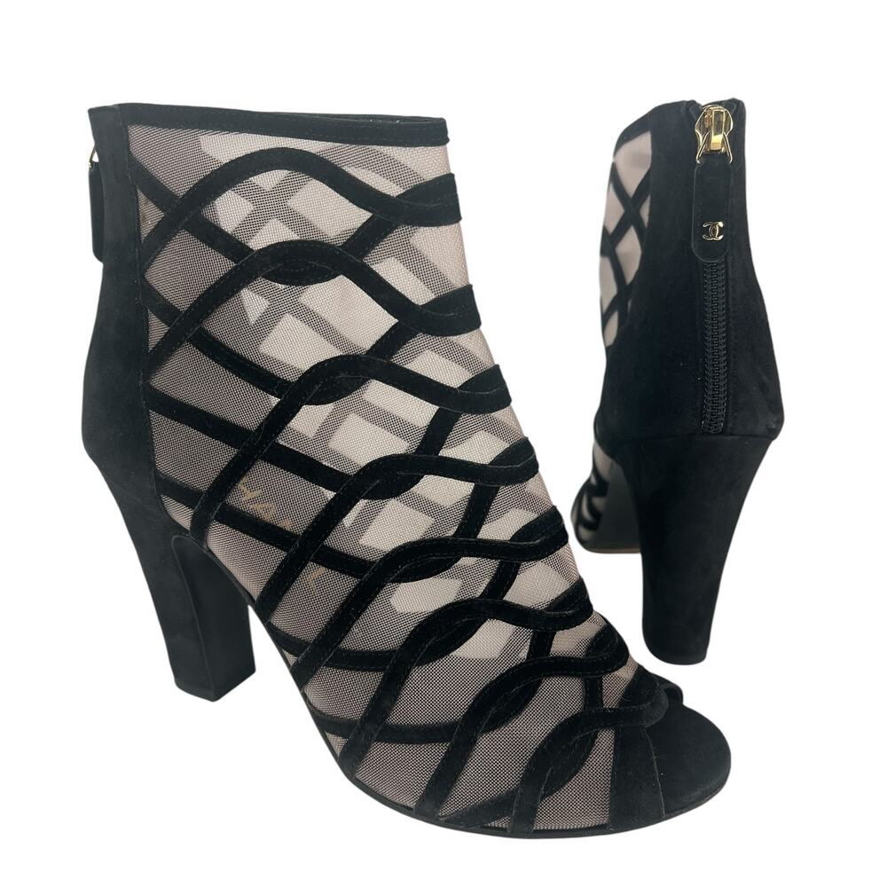 Chanel 2018 Black Suede Mesh Peep Toe CC Logo Ankle Boots